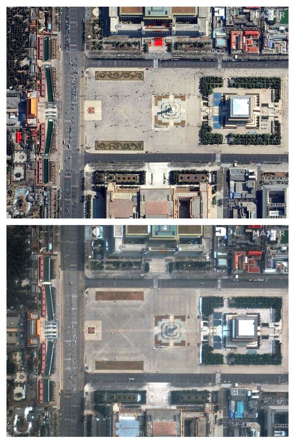 Площадь Тяньаньмэнь в Пекине до коронавируса 21 февраля 2019 года и во время коронавируса 11 февраля 2020 года - Sputnik Беларусь