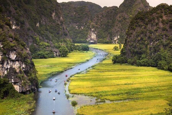 Долина Там Кок — одна из самых интересных достопримечательностей во Вьетнаме. В долине по рисовым полям протекает живописная река Нго Донг, русло которой окрашиваются в разные оттенки в зависимости от сезона. - Sputnik Беларусь