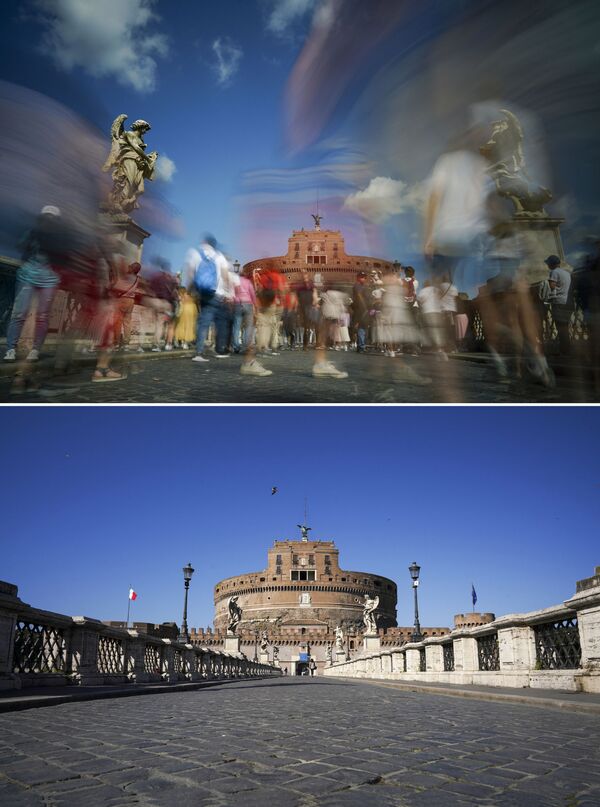 Комбинация фотографий до и после коронавируса с Элиевого моста в Риме  - Sputnik Беларусь