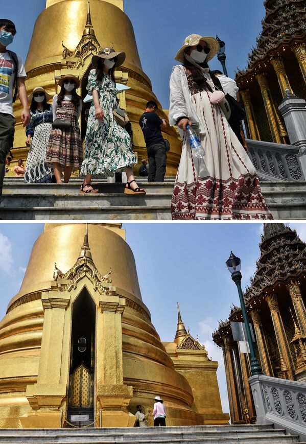 Комбинация фотографий до и после коронавируса во время посещения Большого дворца в Бангкоке  - Sputnik Беларусь