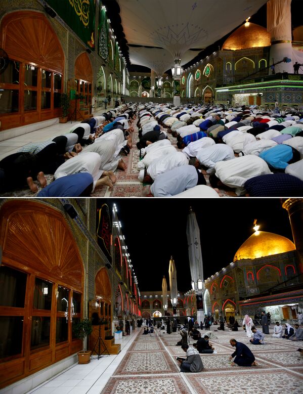 Комбинация фотографий до и после коронавируса с молящимися прихожанами мечети имама Али в Ираке - Sputnik Беларусь