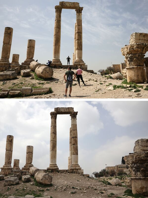 Комбинация фотографий до и после коронавируса с посетителями храма Геркулеса в Иордании - Sputnik Беларусь