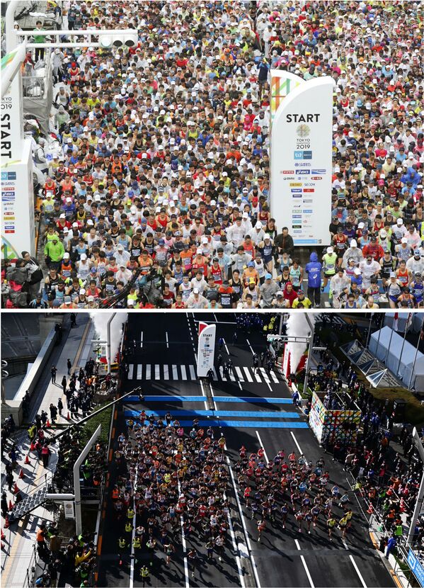 Комбинация фотографий до и после коронавируса с марафона в Токио  - Sputnik Беларусь