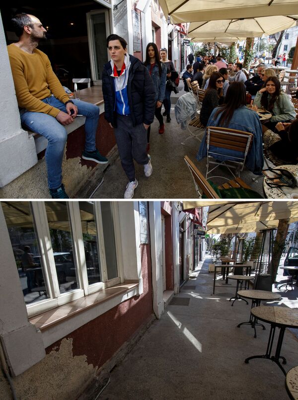 Комбинация фотографий до и после коронавируса с посетителями кафе в Черногории - Sputnik Беларусь