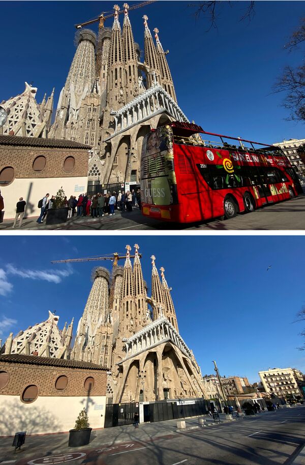 Комбинация фотографий до и после коронавируса с Храмом Святого Семейства в Барселоне - Sputnik Беларусь