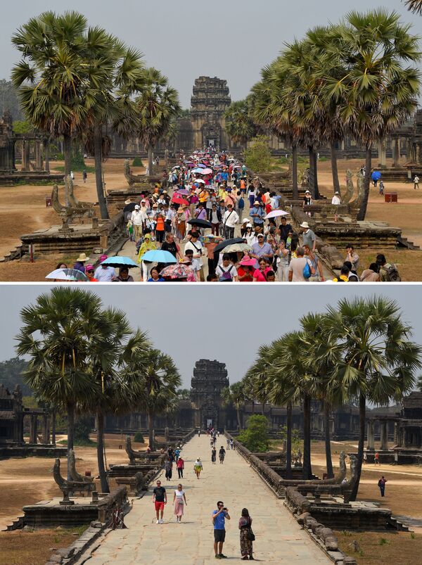 Комбинация фотографий до и после коронавируса у храма Ангкор-Ват в Камбодже - Sputnik Беларусь