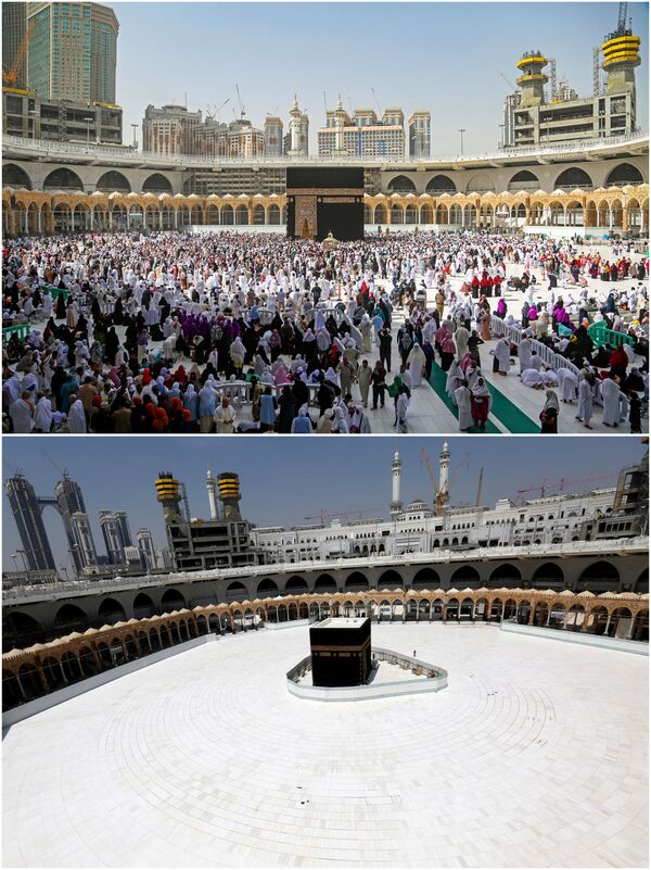 Комбинация фотографий до и после коронавируса в Большой мечети в священном городе Мекка, Саудовская Аравия - Sputnik Беларусь