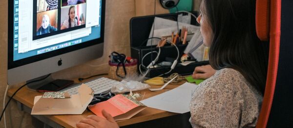 Педагог дополнительного образования проводит дистанционное занятие с учениками Педагог дополнительного образования проводит дистанционное занятие с учениками - Sputnik Беларусь