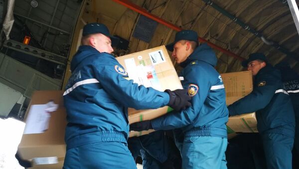 Сотрудники МЧС разгружают самолет с гуманитарной помощью - Sputnik Беларусь