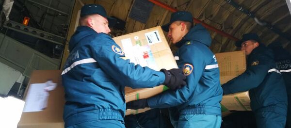 Сотрудники МЧС разгружают самолет с гуманитарной помощью - Sputnik Беларусь