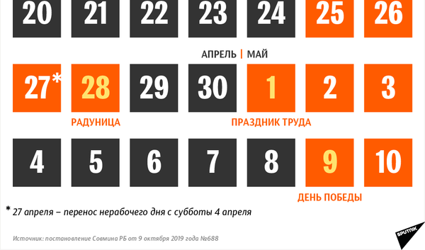Календарь нерабочих дней с 20 апреля по 10 мая 2020 года в Беларуси - Sputnik Беларусь