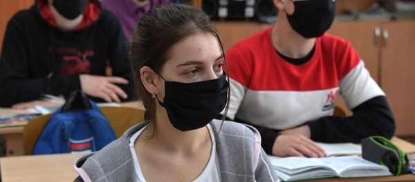 Ученики в защитных масках на уроке, архивное фото - Sputnik Беларусь