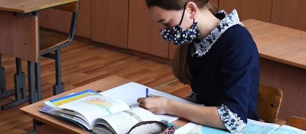 Ученица в защитной маске в школе Ученица в защитной маске в школе - Sputnik Беларусь