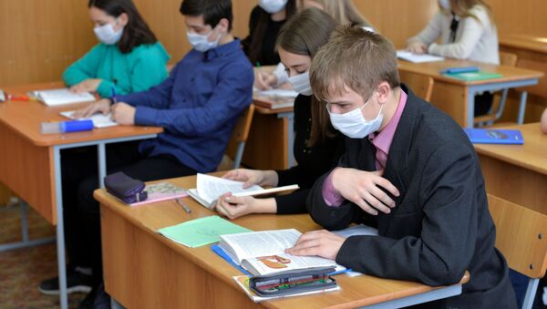 Ученики гимназии в медицинских масках  - Sputnik Беларусь