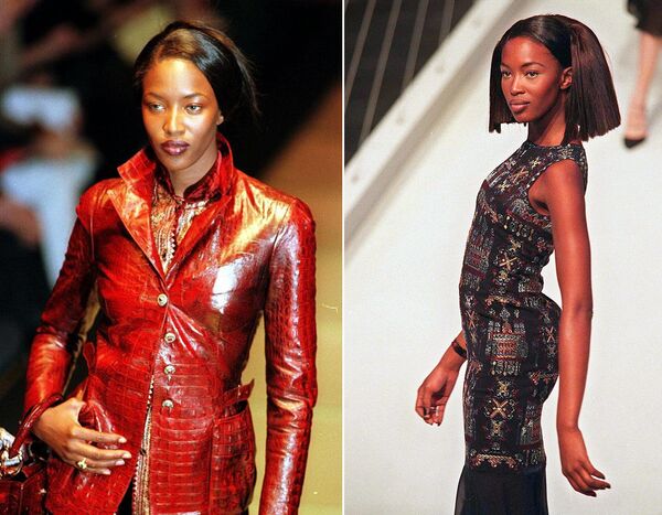 Наоми Кэмпбелл в красной куртке из крокодиловой кожи от GianFranco Ferre и в платье Chanel в 1997 году. - Sputnik Беларусь