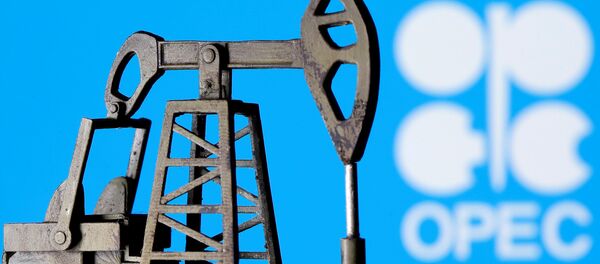 3D-изображение нефтяного насоса перед логотипом ОПЕК 3D-изображение нефтяного насоса перед логотипом ОПЕК - Sputnik Беларусь